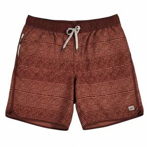Vuori Men's Cruise Banks Shorts Maroon Geometric Swim Trunks Zip Pockets XL